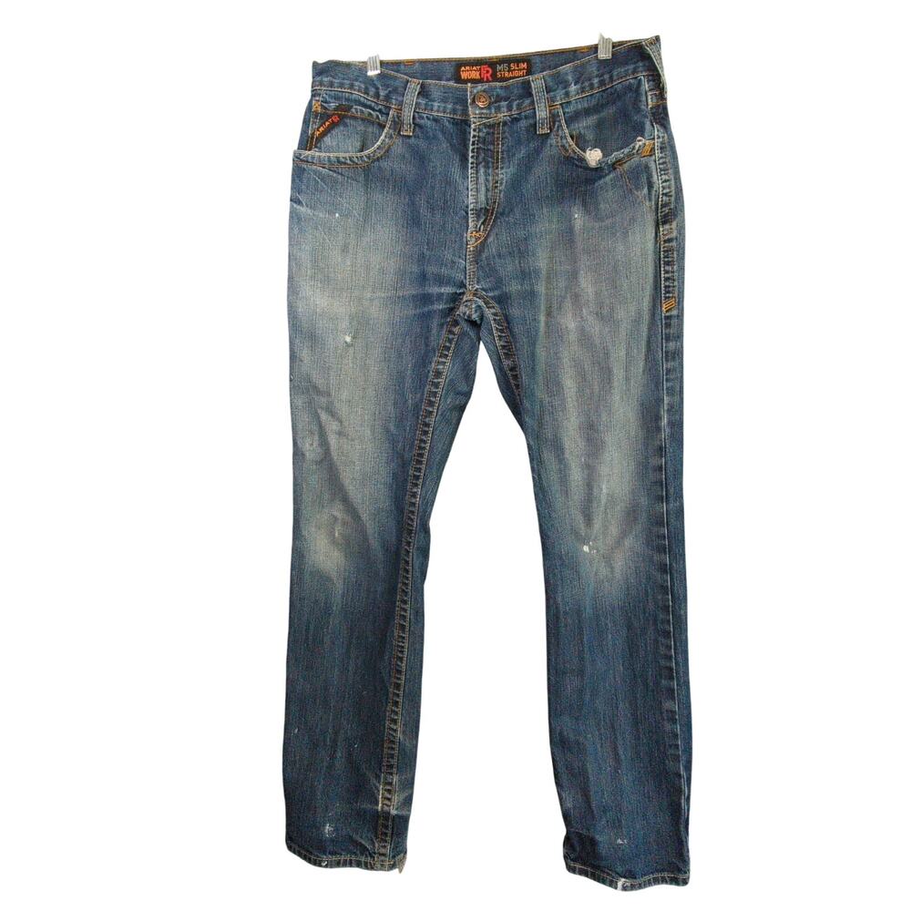 Ariat FR Jeans Mens 35x36 Blue M5 Slim‎ Straight Distressed Work